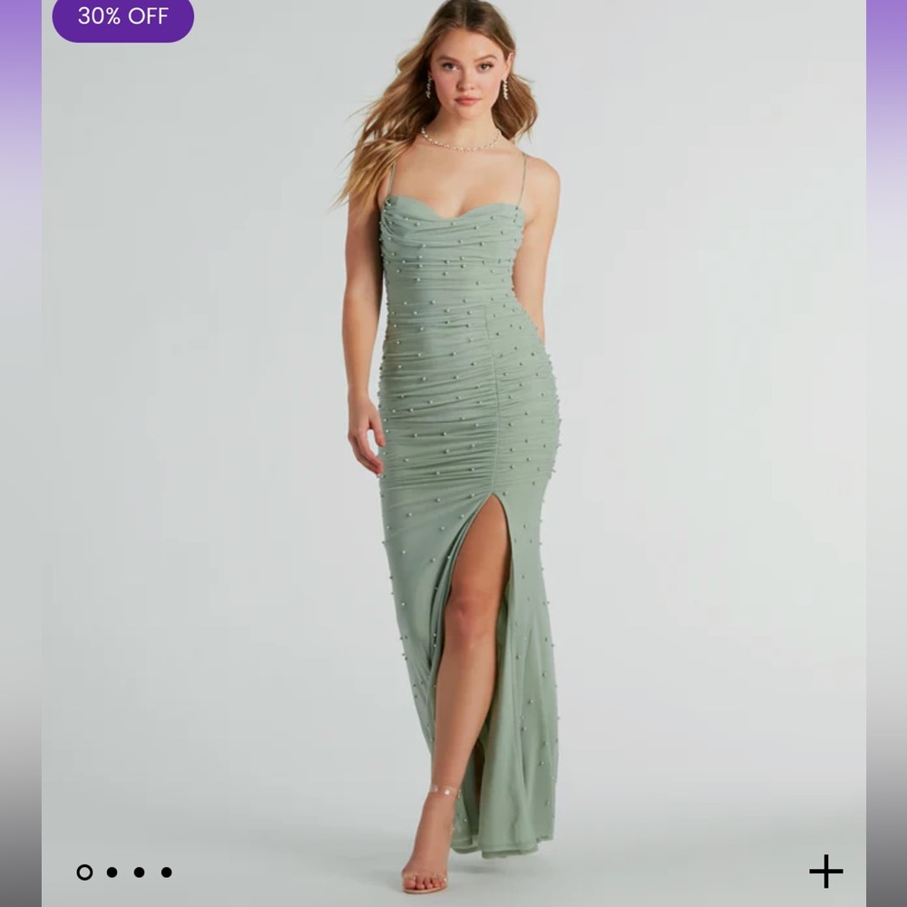 Faux Pearl Mesh mermaid gown in Sage